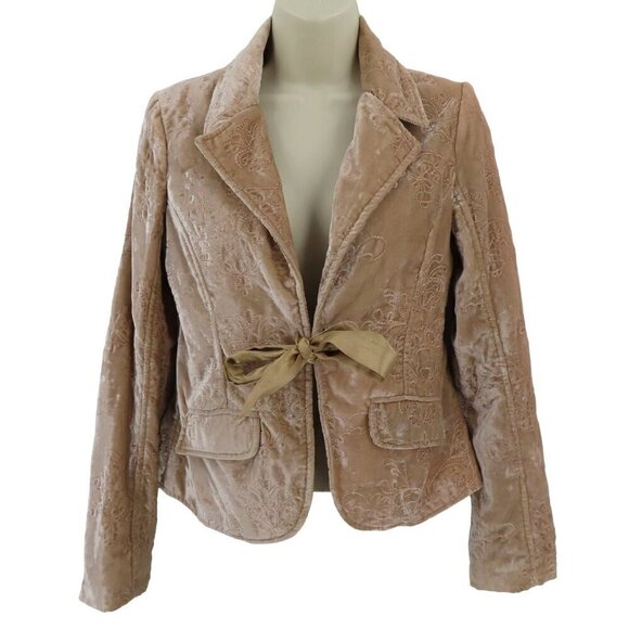 Old Navy Womens Small Beige Velvet Embroidered Flower Collared Jacket Coat Y2K - Picture 1 of 15